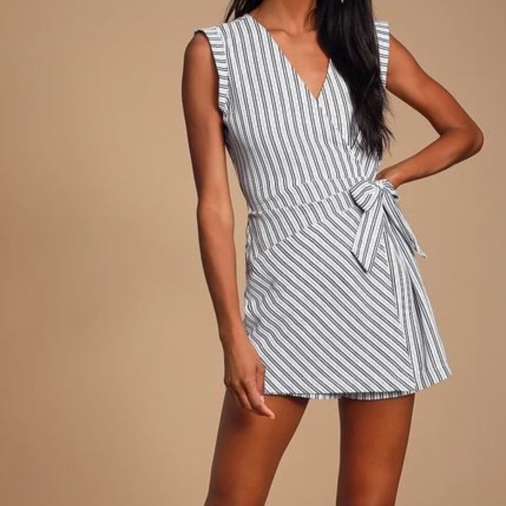 Lulus pinstripe faux wrap romper